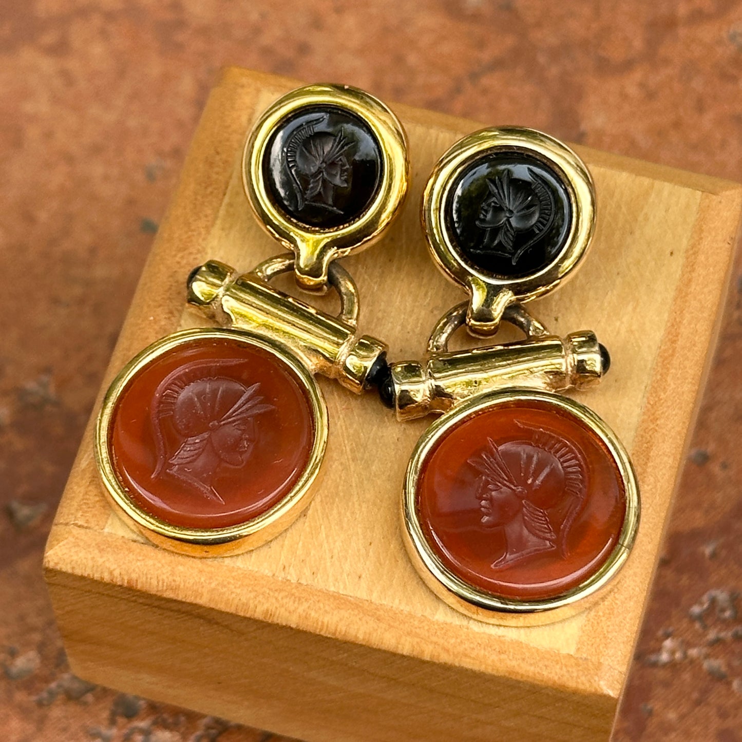 Estate Gold Tone Earrings + Replica Roman Intalio Carnelian and Black Onyx Coin