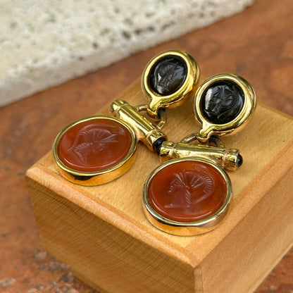 Estate Gold Tone Earrings + Replica Roman Intalio Carnelian and Black Onyx Coin