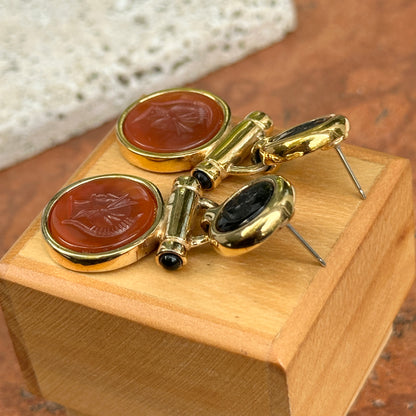 Estate Gold Tone Earrings + Replica Roman Intalio Carnelian and Black Onyx Coin
