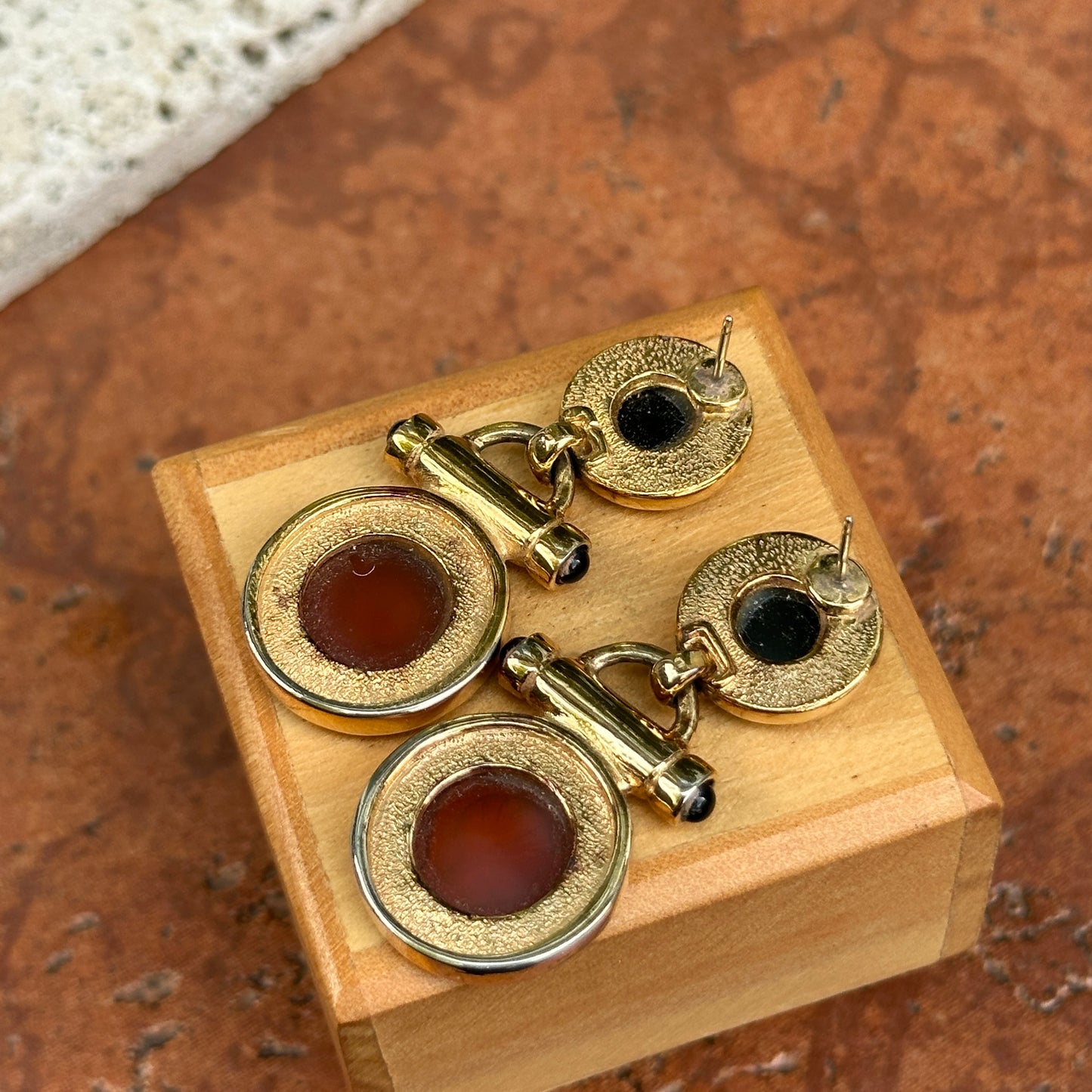 Estate Gold Tone Earrings + Replica Roman Intalio Carnelian and Black Onyx Coin
