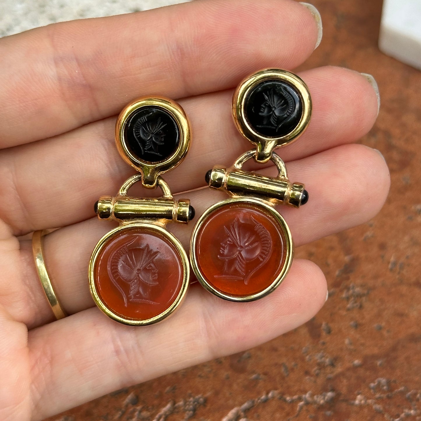 Estate Gold Tone Earrings + Replica Roman Intalio Carnelian and Black Onyx Coin