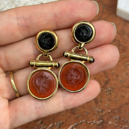 Estate Gold Tone Earrings + Replica Roman Intalio Carnelian and Black Onyx Coin