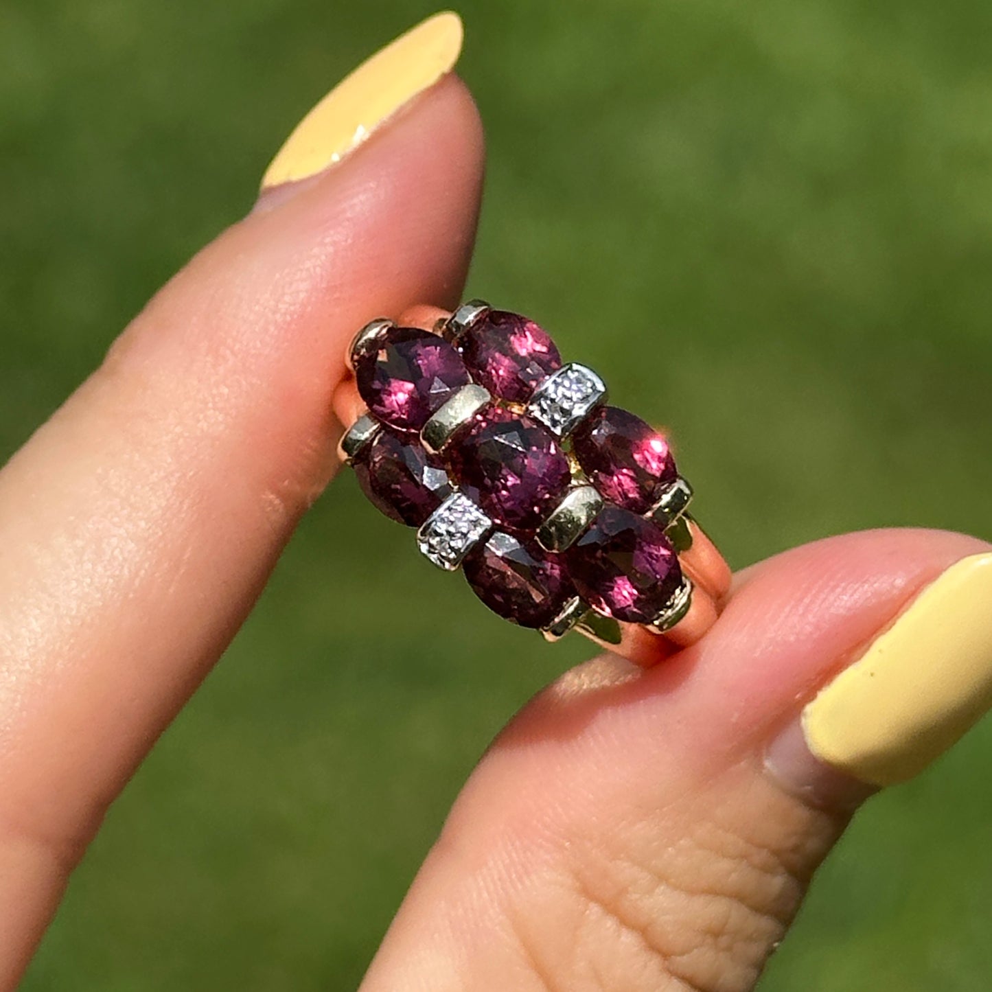 Estate 14KT Yellow Gold Oval Rhodolite Garnet + Diamond Ring