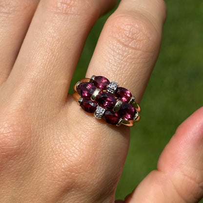 Estate 14KT Yellow Gold Oval Rhodolite Garnet + Diamond Ring