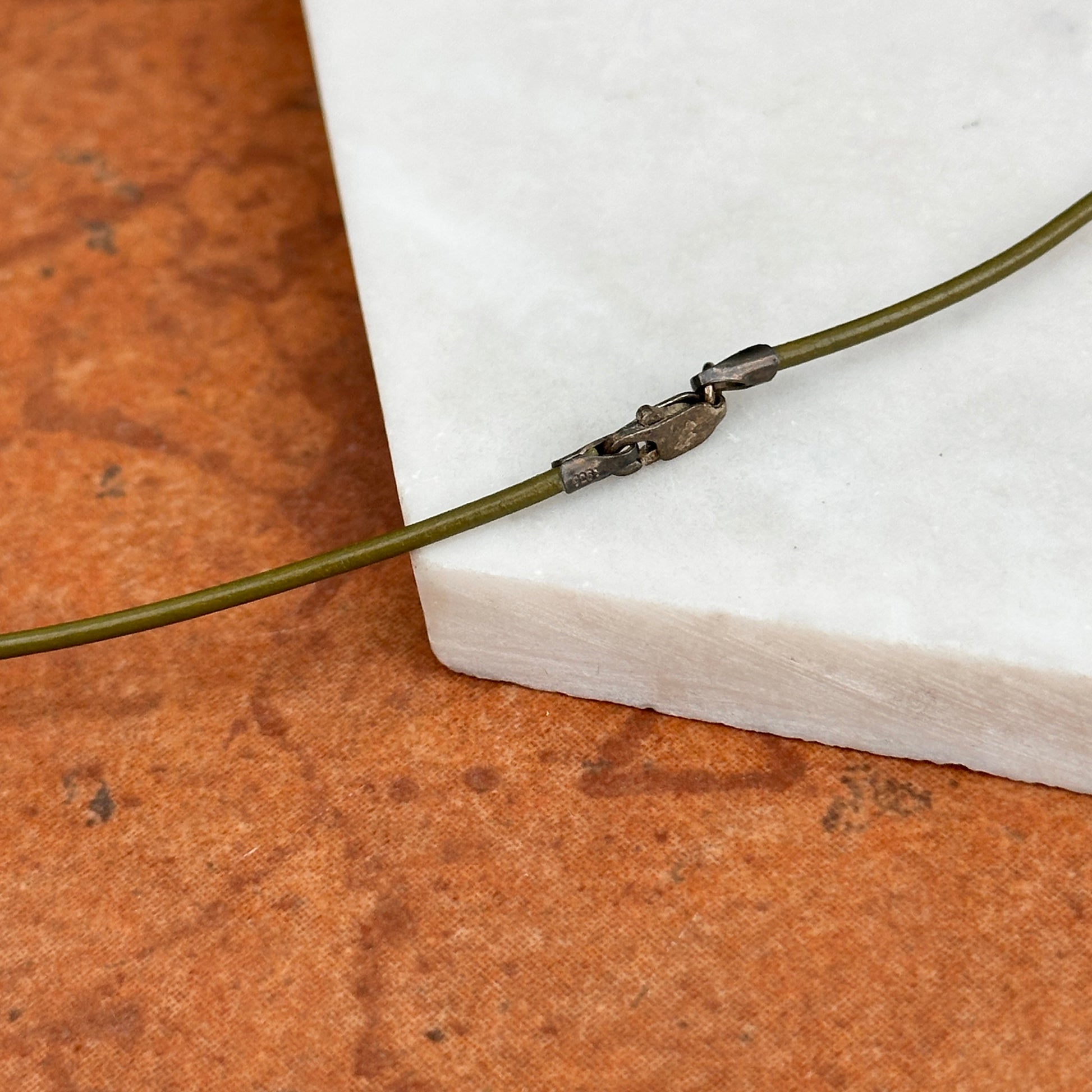Estate Sterling Silver + 1.5mm Olive Green Leather Necklace 16" - LSJ