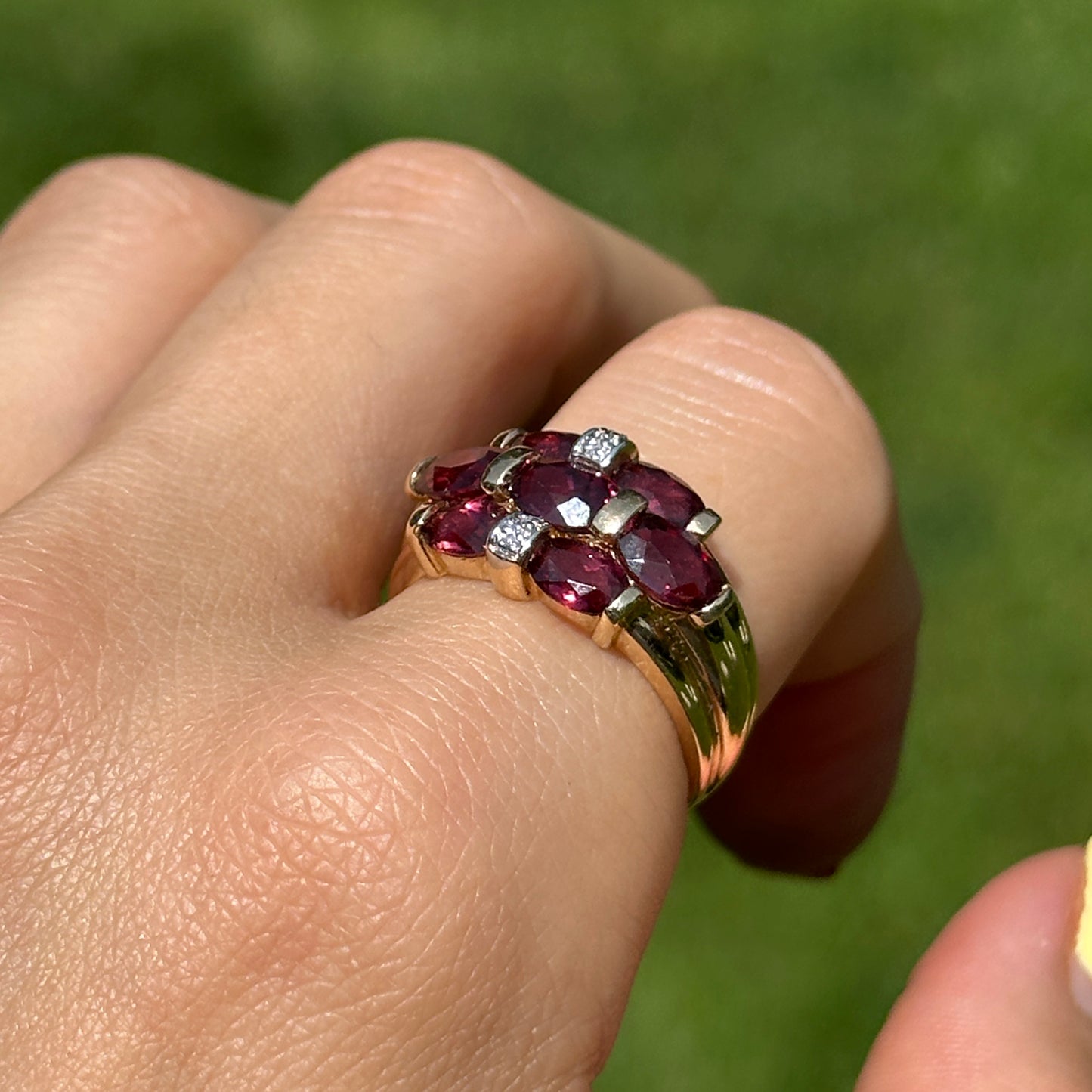 Estate 14KT Yellow Gold Oval Rhodolite Garnet + Diamond Ring