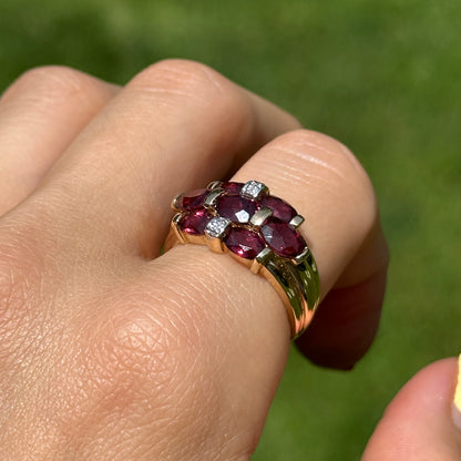 Estate 14KT Yellow Gold Oval Rhodolite Garnet + Diamond Ring