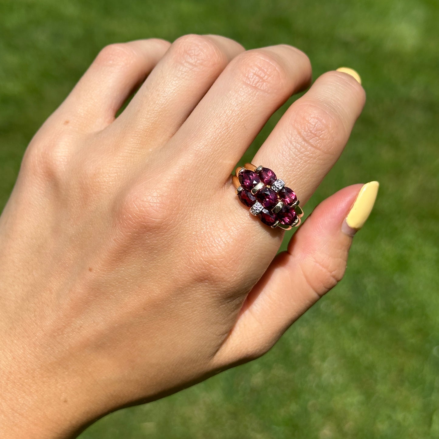 Estate 14KT Yellow Gold Oval Rhodolite Garnet + Diamond Ring