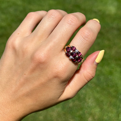 Estate 14KT Yellow Gold Oval Rhodolite Garnet + Diamond Ring
