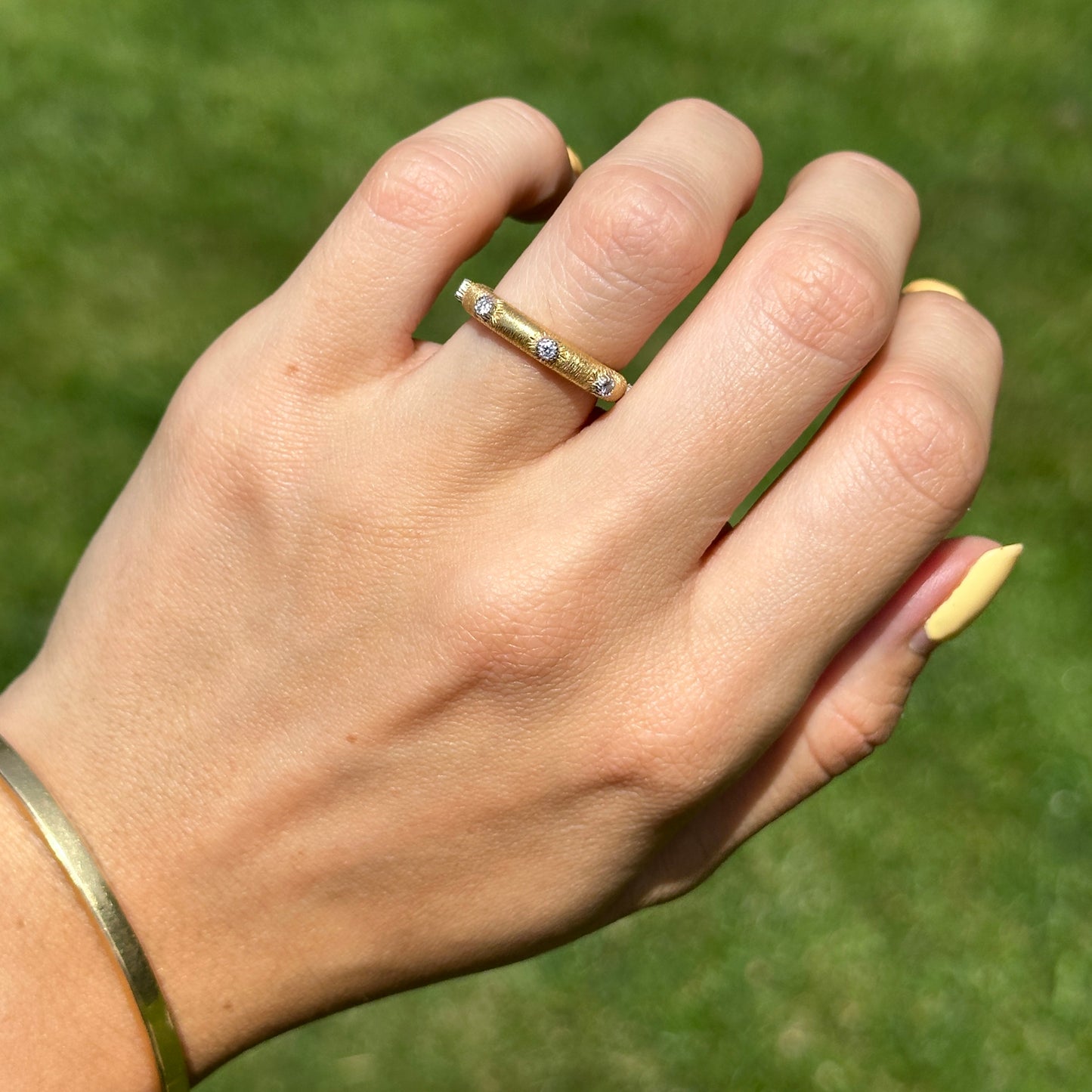 Estate 18KT Yellow Gold Bezel Diamond Textured Matte Band Ring