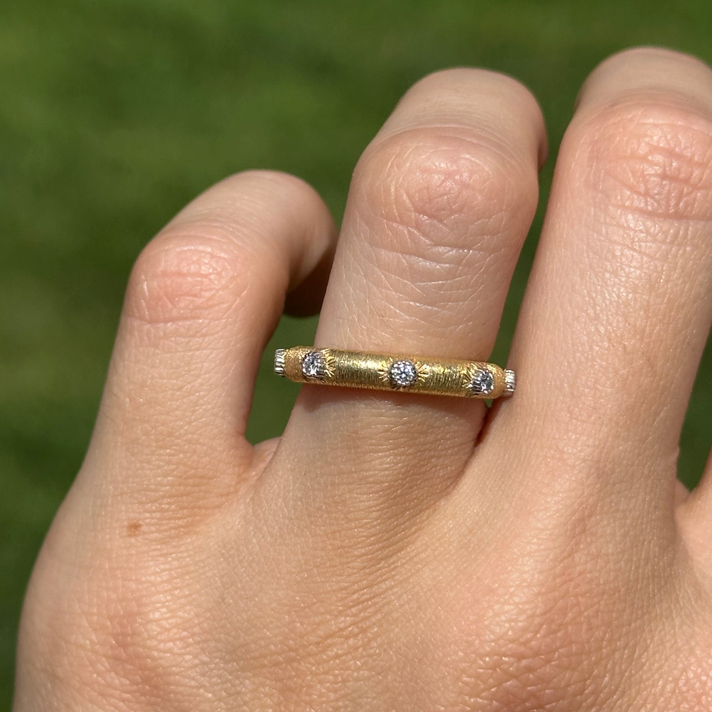 Estate 18KT Yellow Gold Bezel Diamond Textured Matte Band Ring