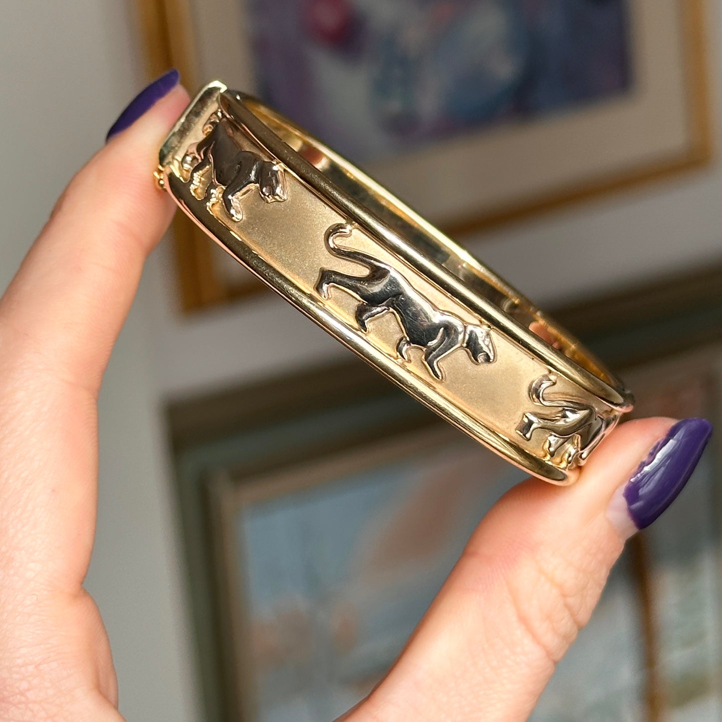 Estate 14KT Yellow + White Gold Panther Cat Bangle Bracelet