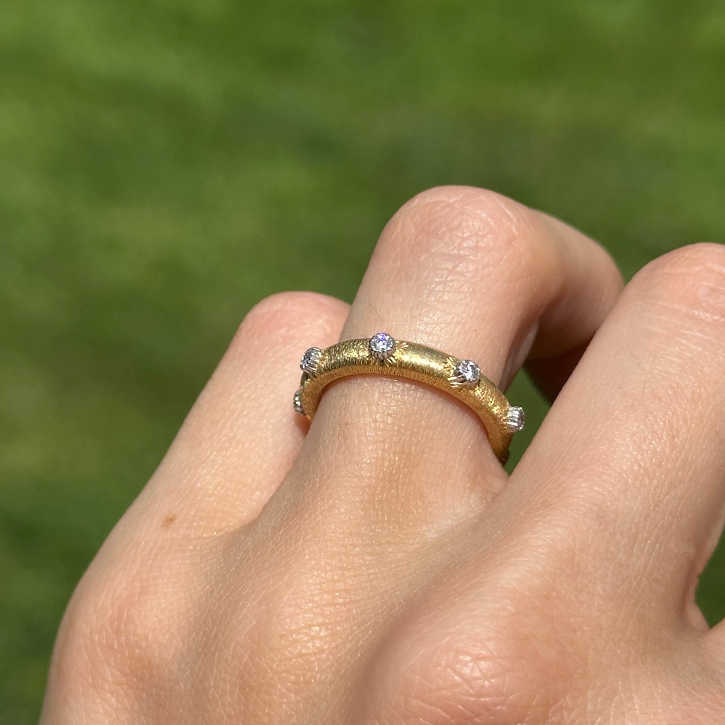 Estate 18KT Yellow Gold Bezel Diamond Textured Matte Band Ring