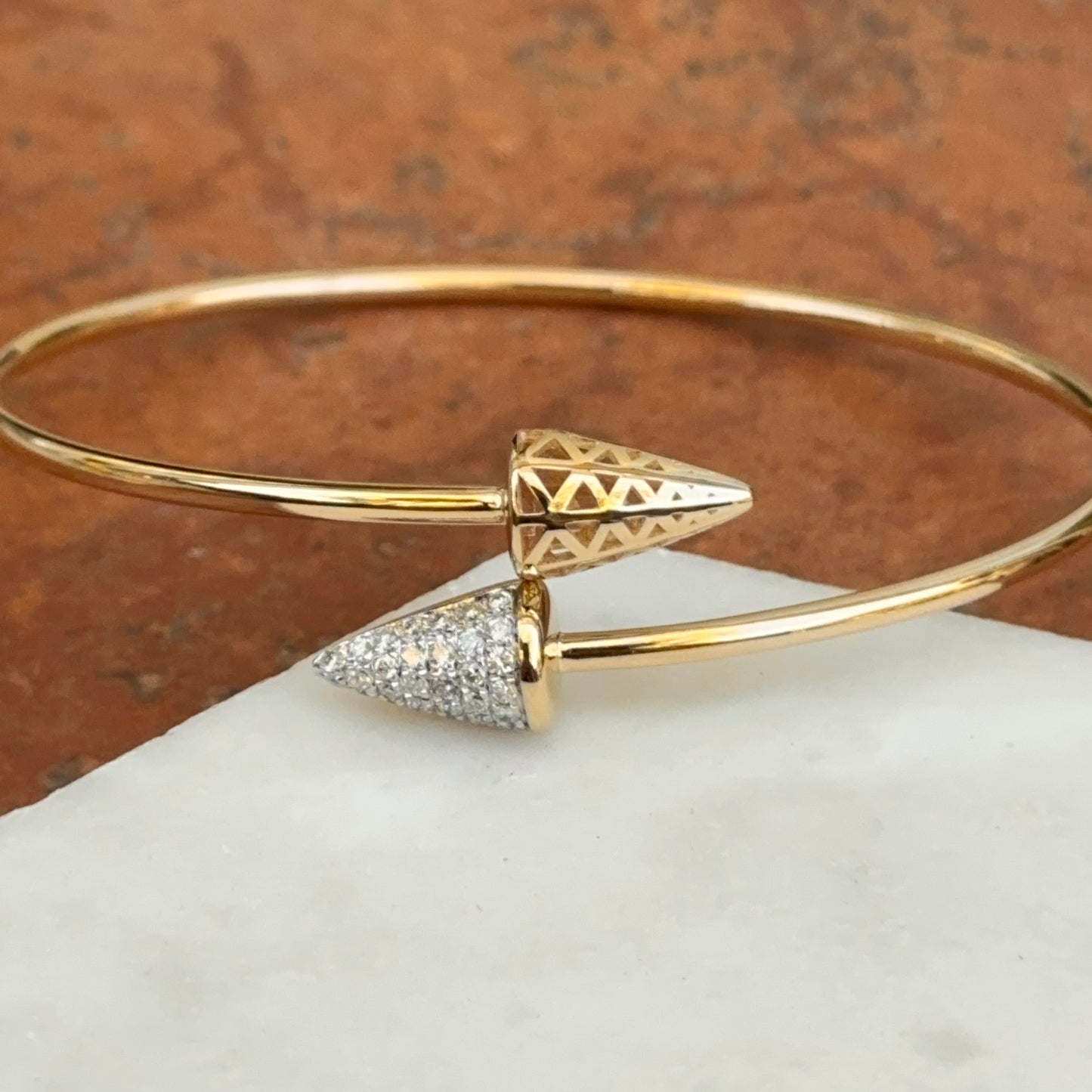 Estate 14KT Yellow Gold Pave Diamond Triangle Bypass Bangle Bracelet