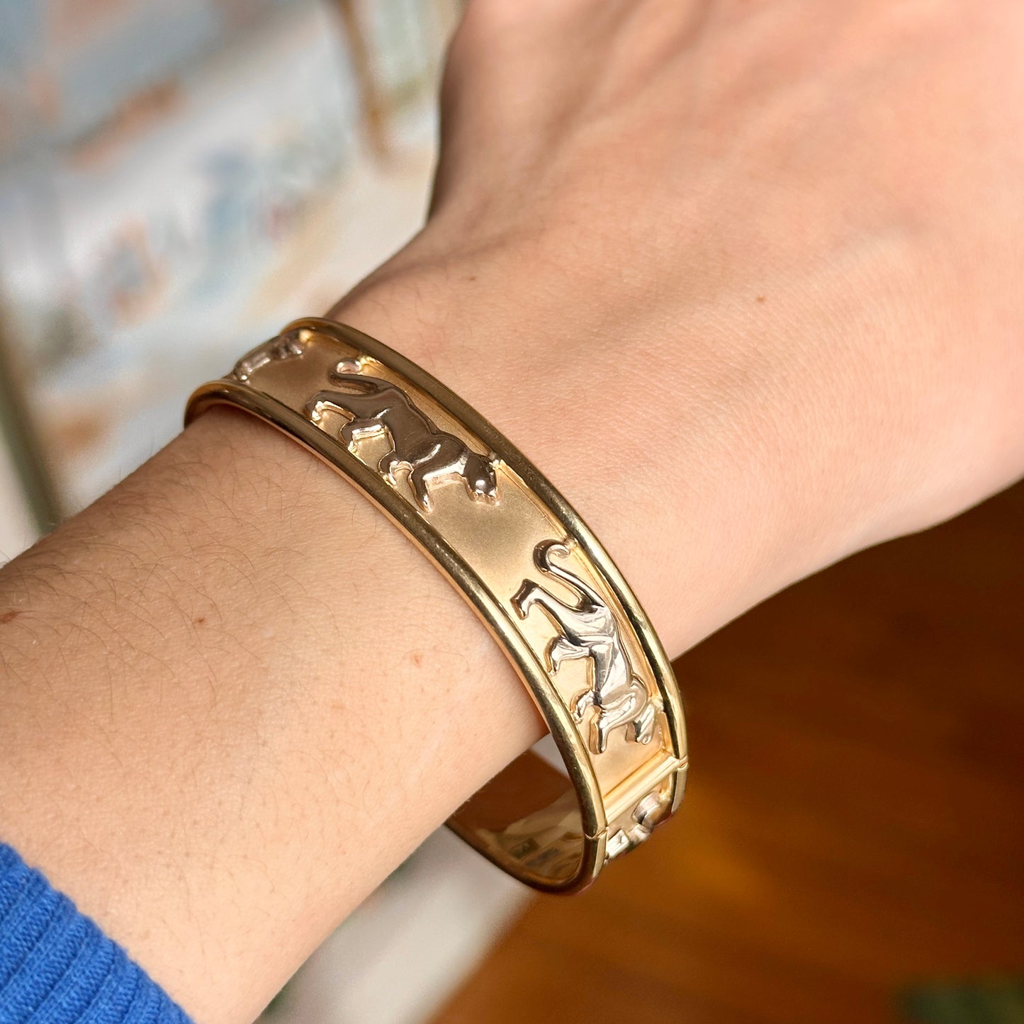 Estate 14KT Yellow + White Gold Panther Cat Bangle Bracelet