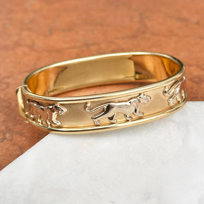 Estate 14KT Yellow + White Gold Panther Cat Bangle Bracelet