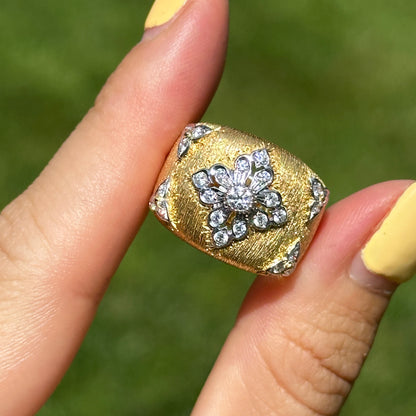 Estate 18KT Yellow Gold Diamond Textured Matte Wide Band Ring