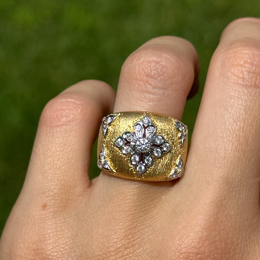 Estate 18KT Yellow Gold Diamond Textured Matte Wide Band Ring