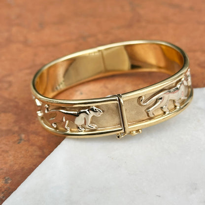 Estate 14KT Yellow + White Gold Panther Cat Bangle Bracelet