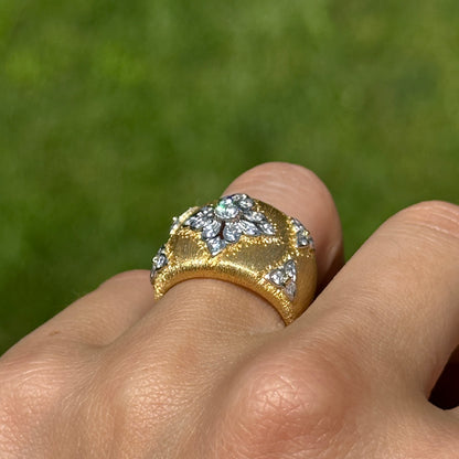 Estate 18KT Yellow Gold Diamond Textured Matte Wide Band Ring
