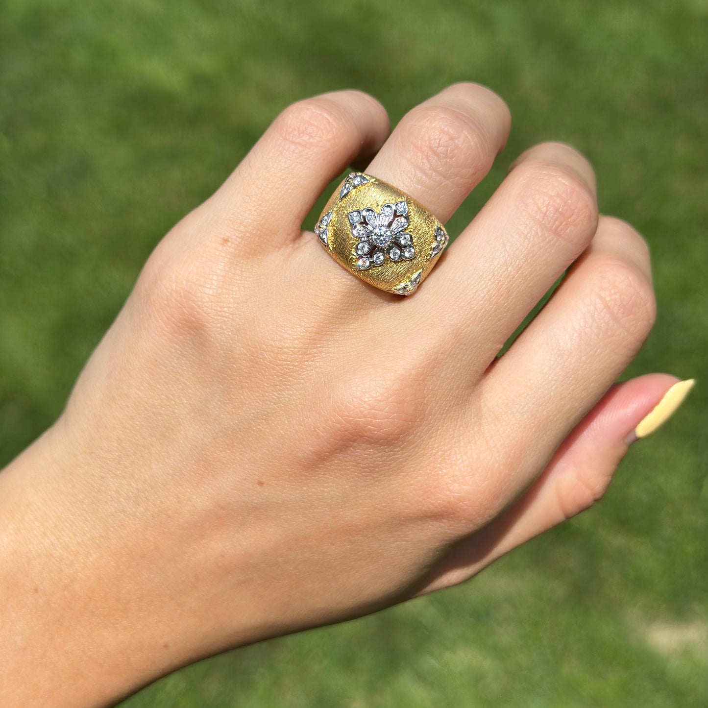 Estate 18KT Yellow Gold Diamond Textured Matte Wide Band Ring