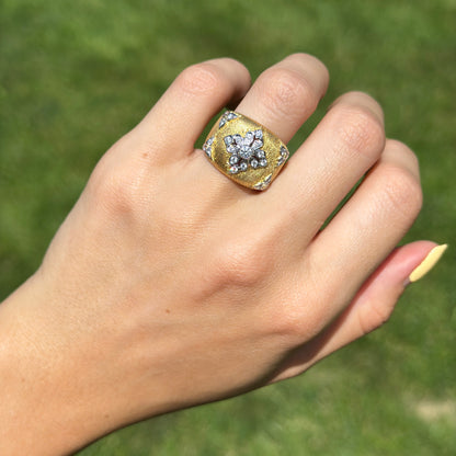 Estate 18KT Yellow Gold Diamond Textured Matte Wide Band Ring