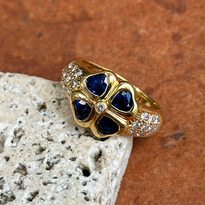 Estate 18KT Yellow Golld Blue Sapphire + Diamond Clover Ring