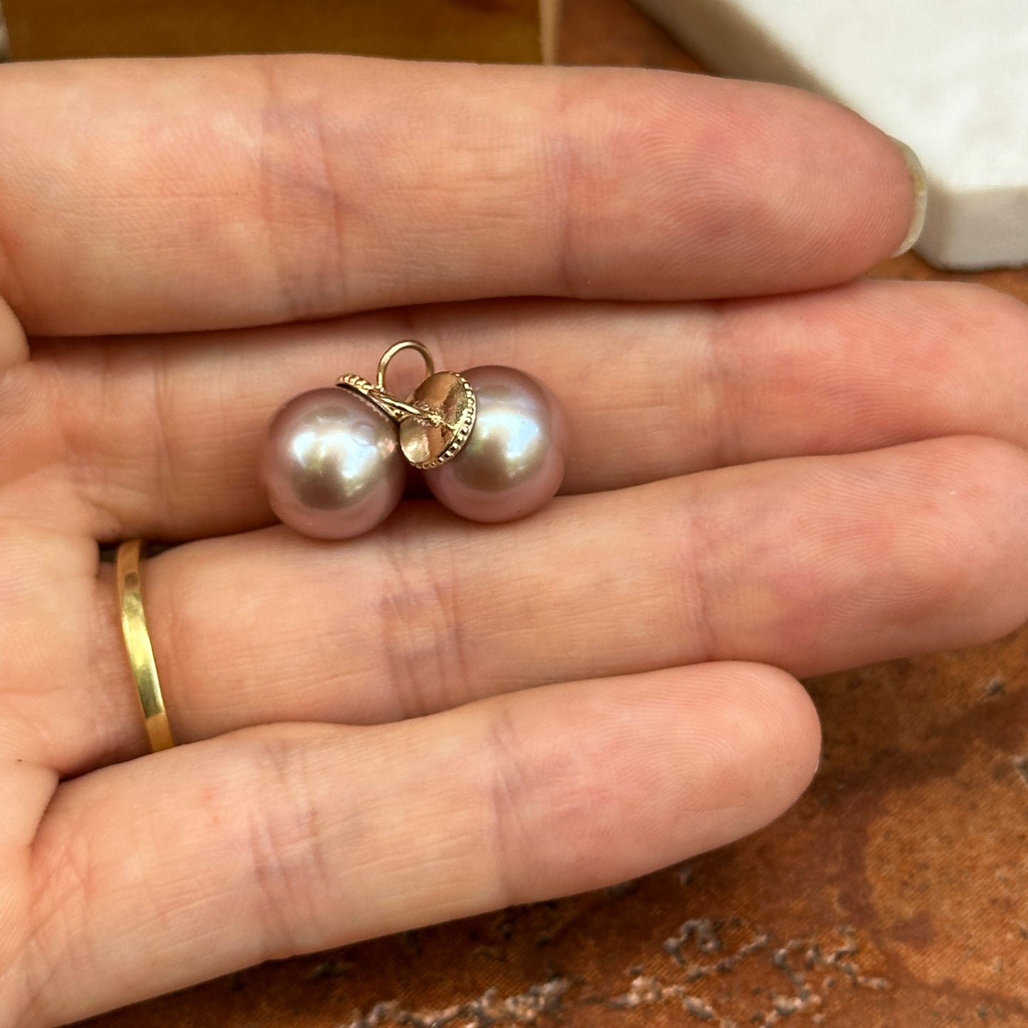 14KT Yellow Gold Round Pink Cultured South Sea Pearl Earring Charms