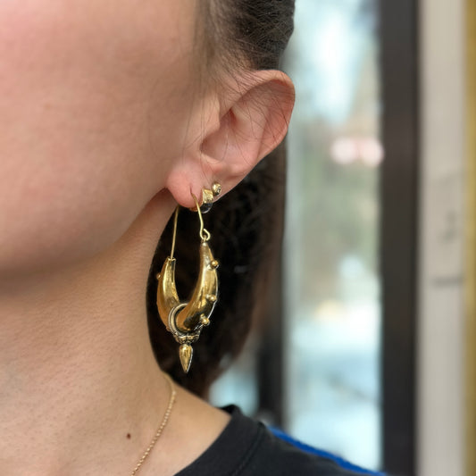 Estate Large Brass Tribal Bali Hollow Hoop Wire Earrings