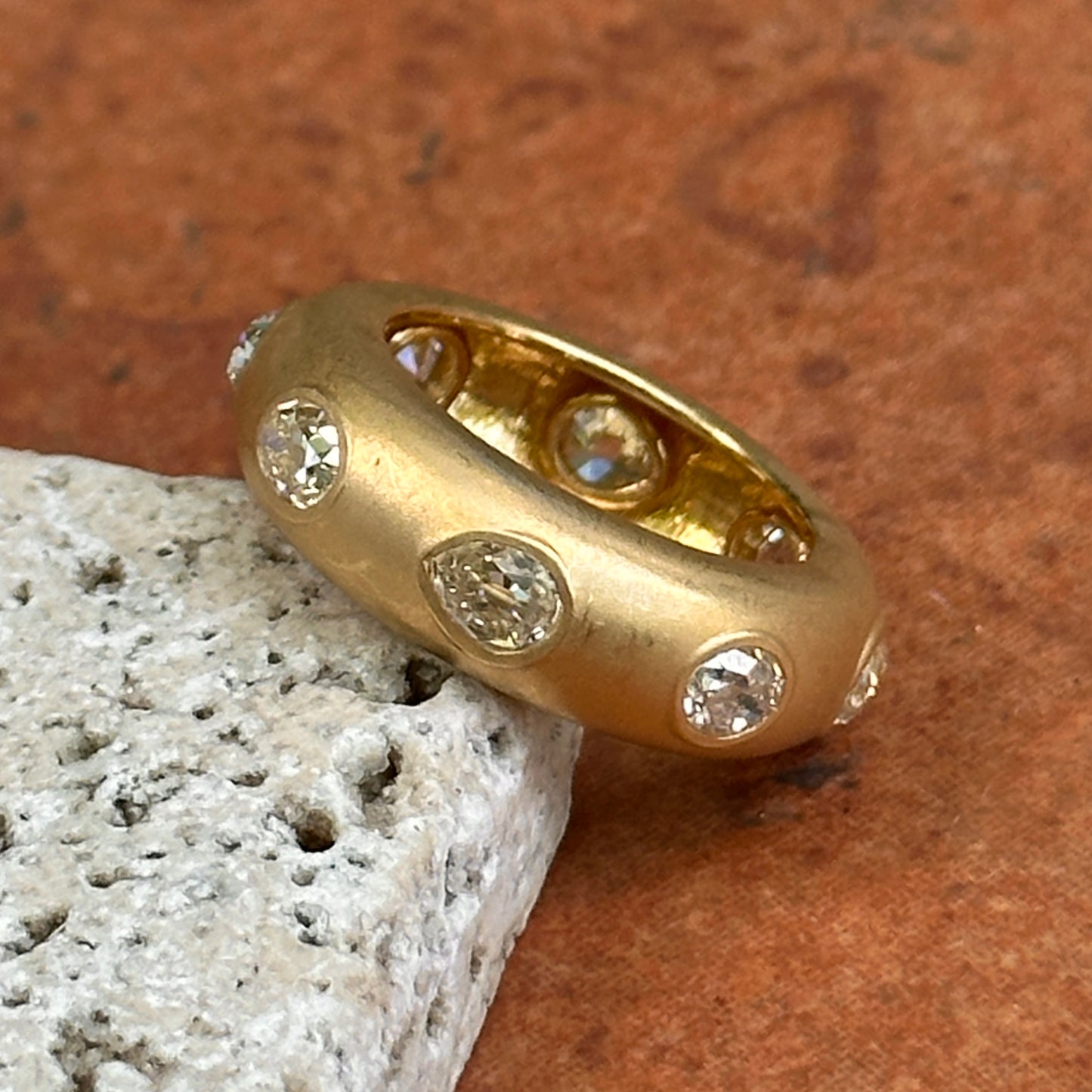 Estate 18KT Yellow Gold Multi-Shape Diamond Bezel Matte Band Ring