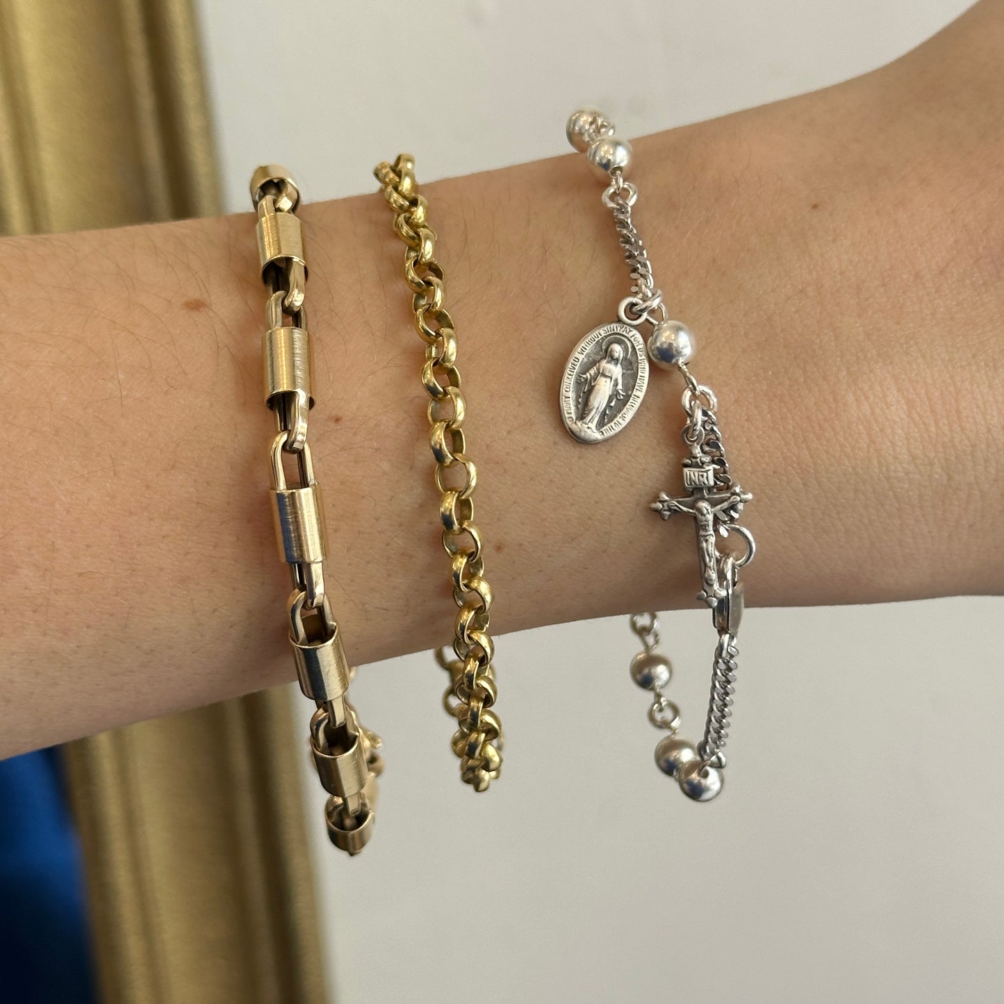 Sterling Silver Beaded Chain Rosary Miraculous Crucifix Bracelet 7.5" - LSJ