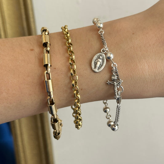 Sterling Silver Beaded Chain Rosary Miraculous Crucifix Bracelet 7.5" - LSJ