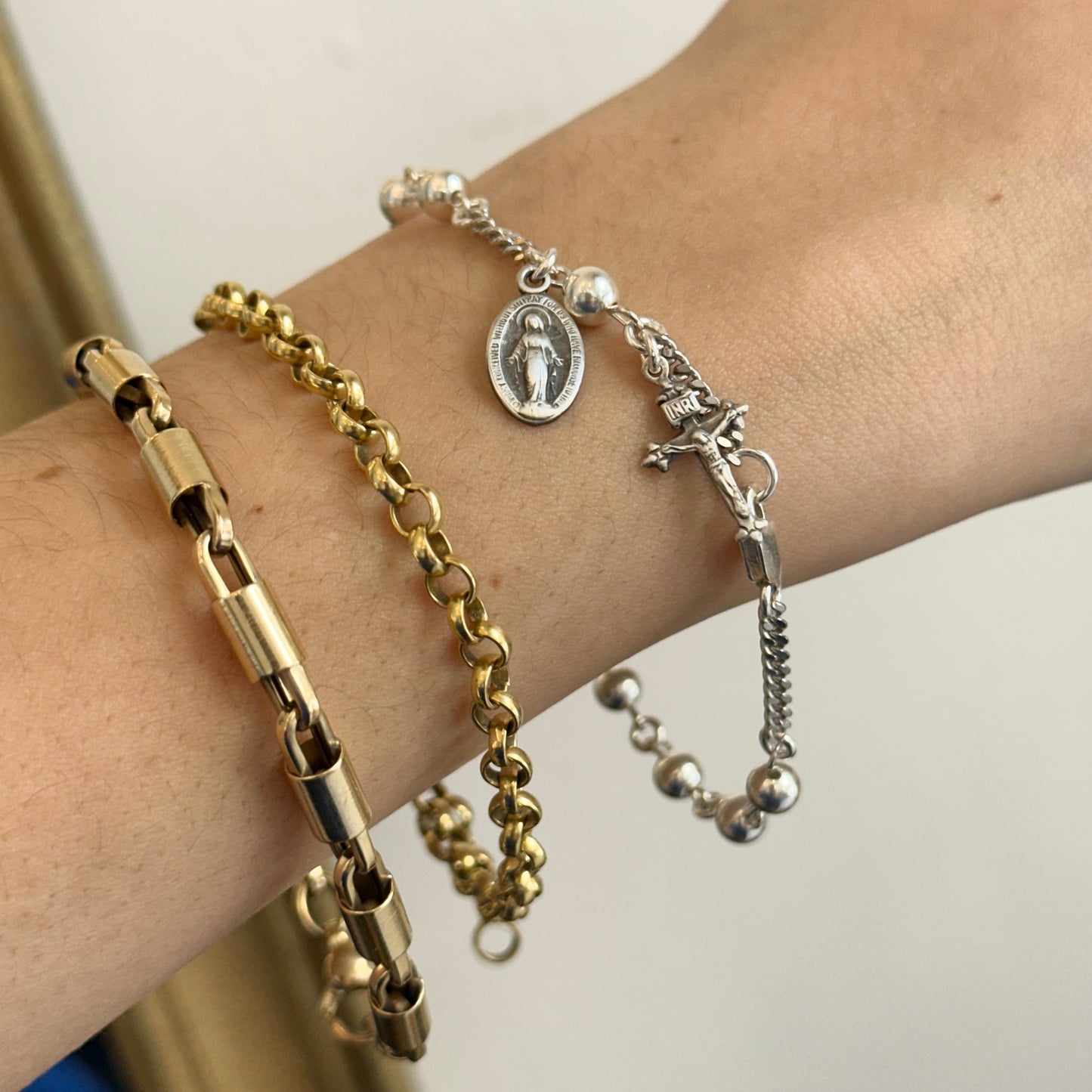 Sterling Silver Beaded Chain Rosary Miraculous Crucifix Bracelet 7.5" - LSJ