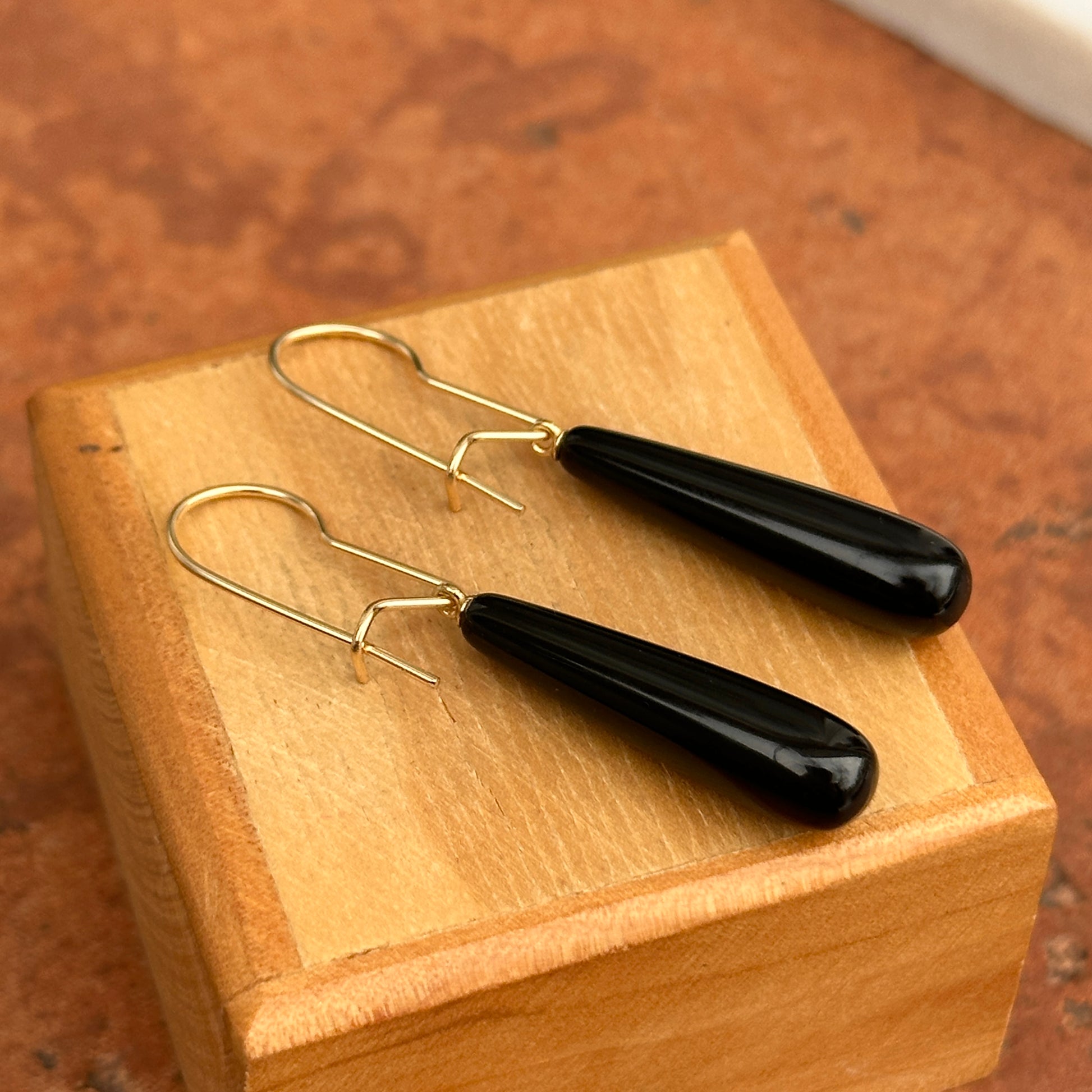 14KT Yellow Gold Teardrop Black Onyx Kidney Wire Earrings - LSJ