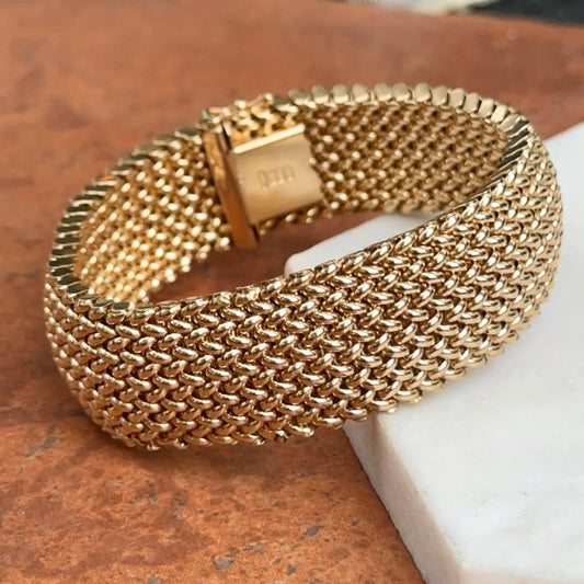 Estate 14KT Yellow Gold Heavy Wide Mesh Link Soft Bangle Bracelet 22mm