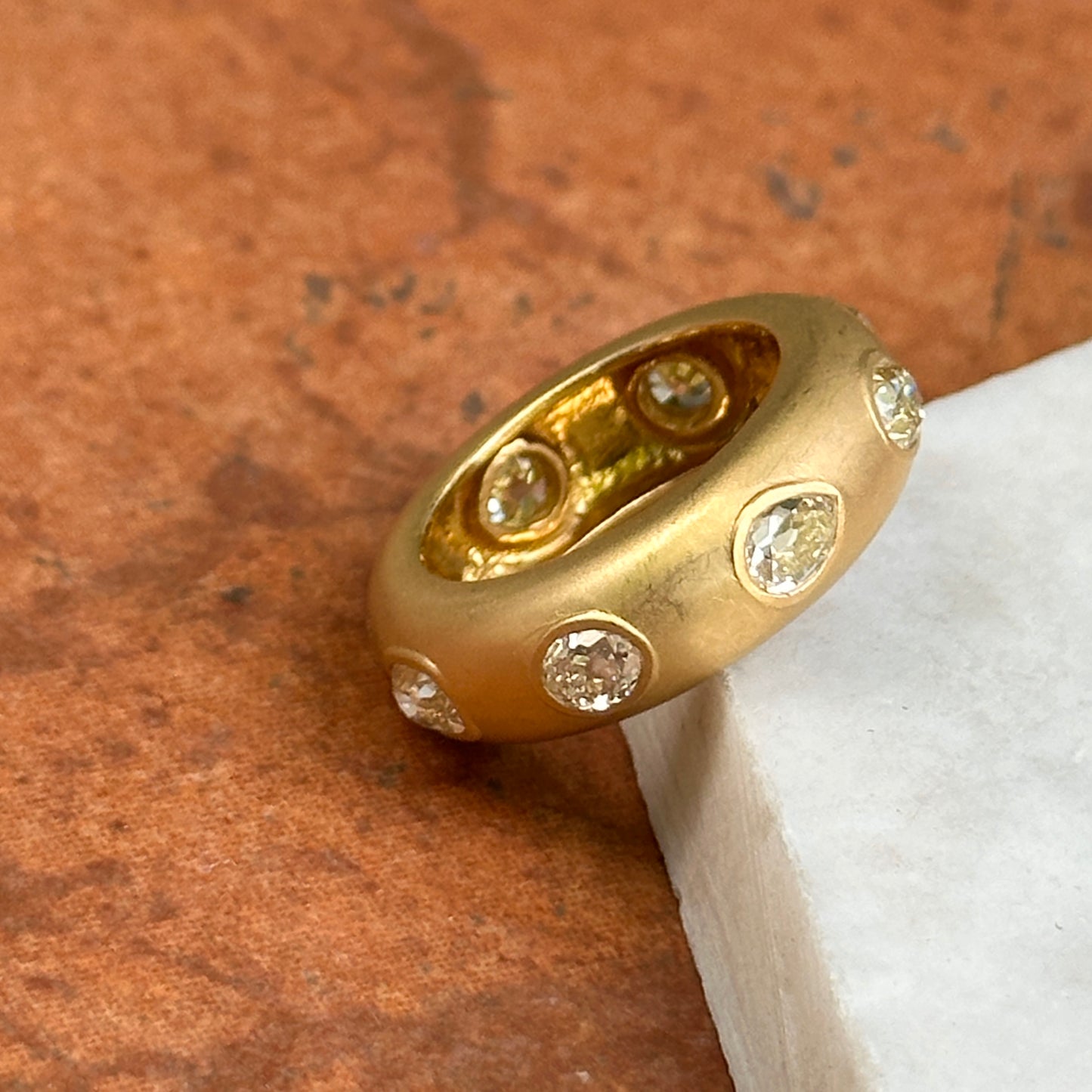 Estate 18KT Yellow Gold Multi-Shape Diamond Bezel Matte Band Ring