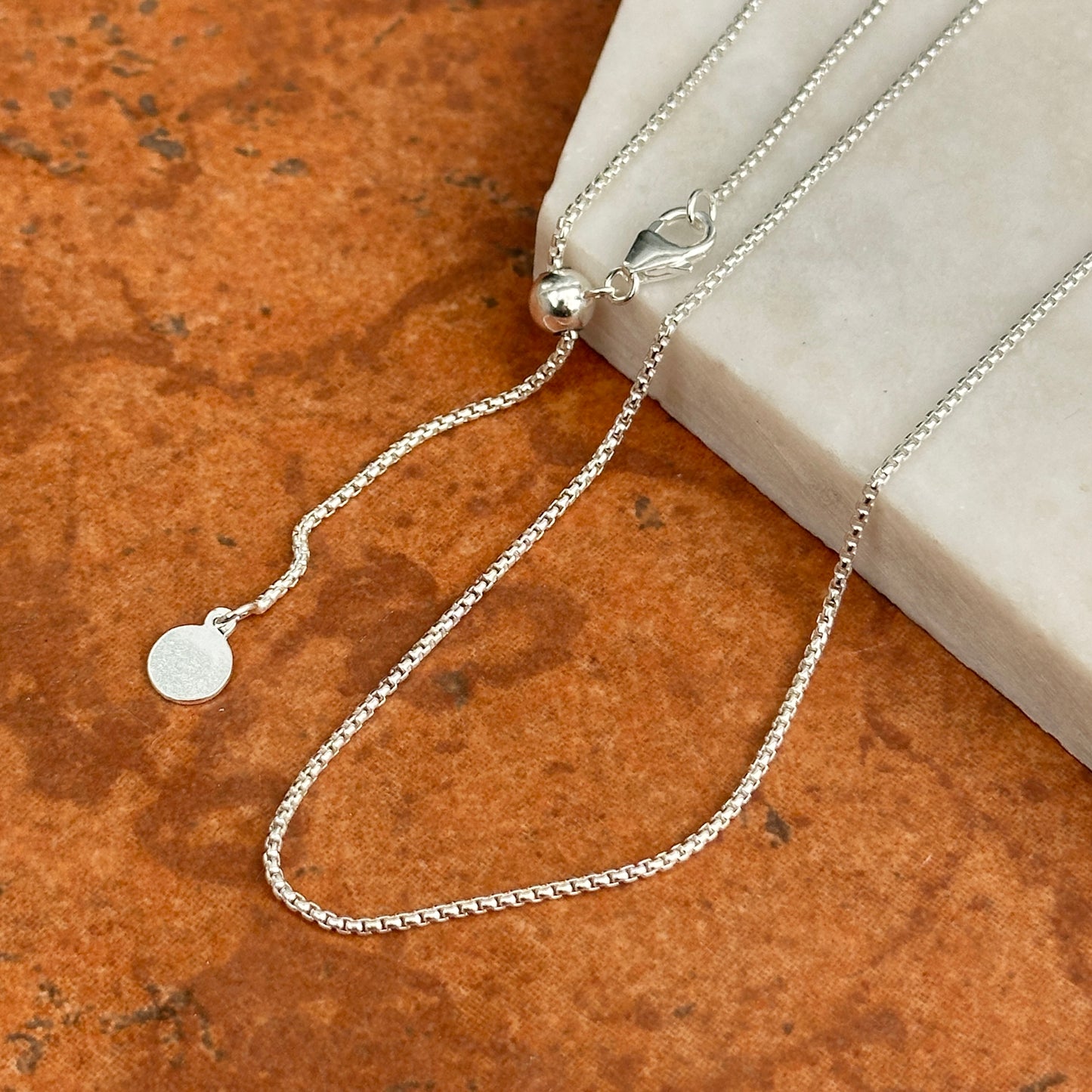 Sterling Silver 1.2mm Rounded Box Chain Necklace Slider Bead Adjustable 22'' - LSJ