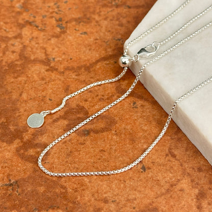 Sterling Silver 1.2mm Rounded Box Chain Necklace Slider Bead Adjustable 22'' - LSJ
