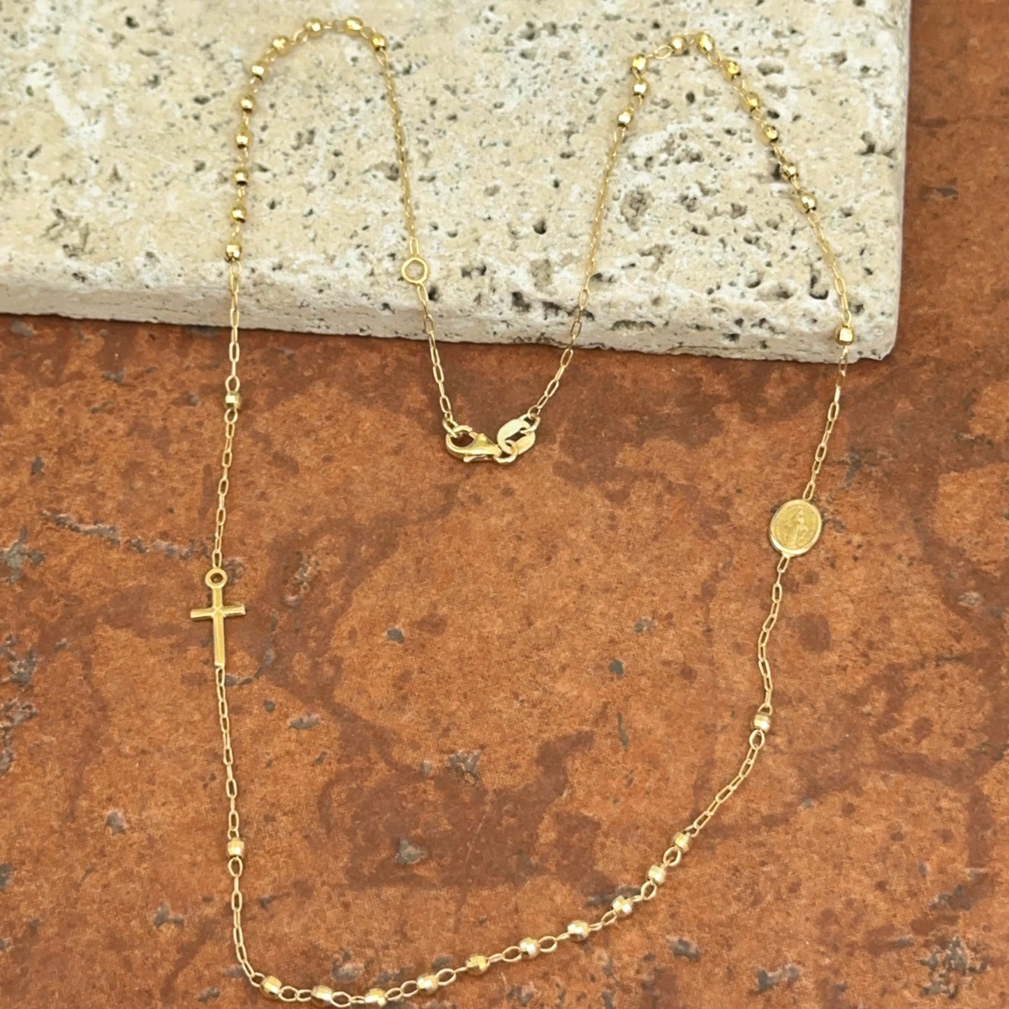 Estate 14KT Yellow Gold Rosary Beads + Medal Necklace