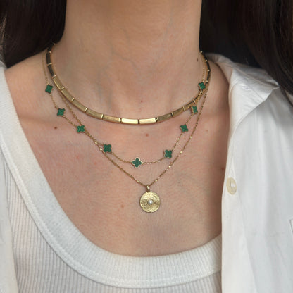 14KT Yellow Gold 7mm Green Malachite Clover Station Cable Chain Necklace