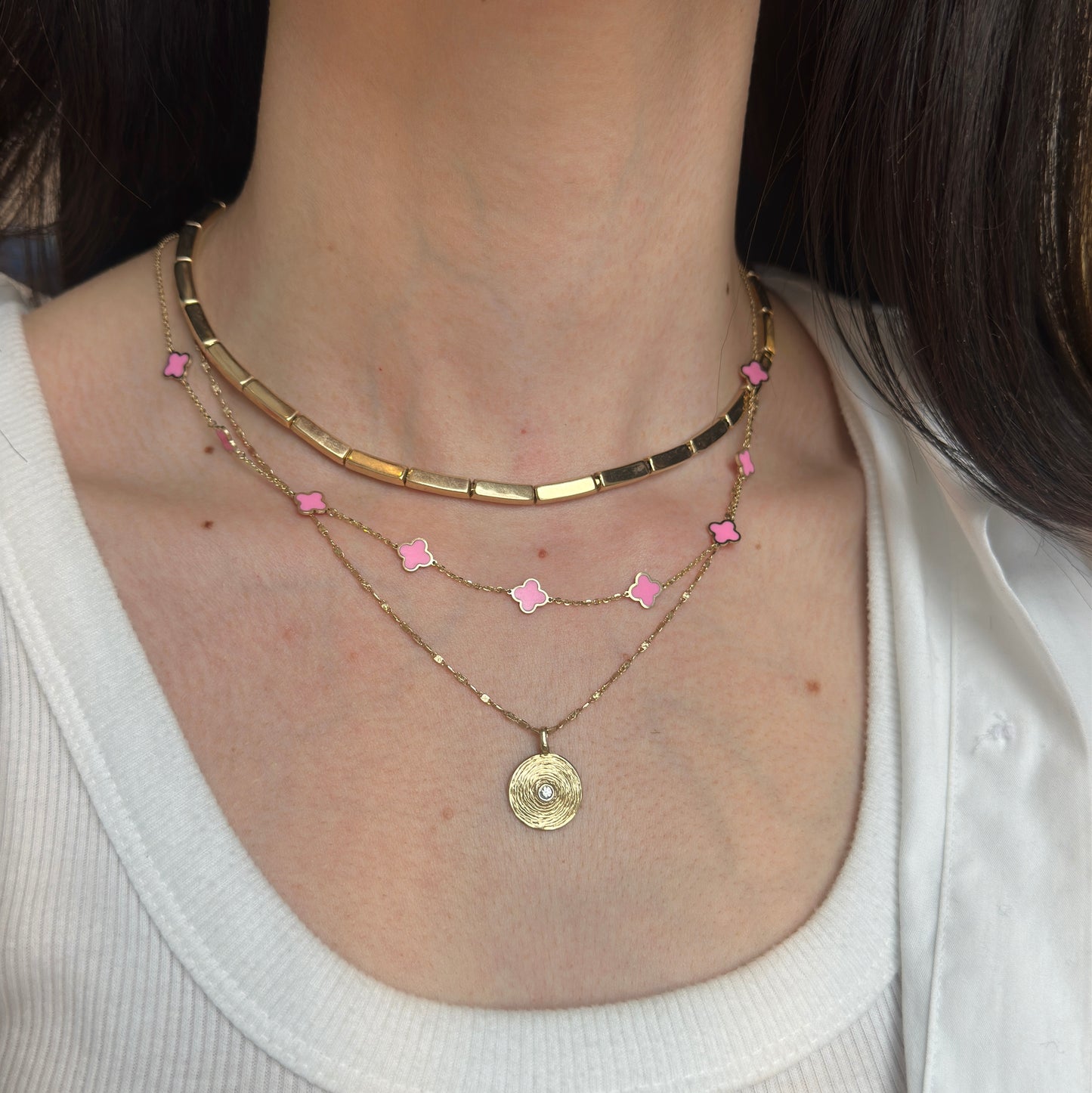 14KT Yellow Gold 7mm Pink Enamel Clover Station Cable Chain Necklace