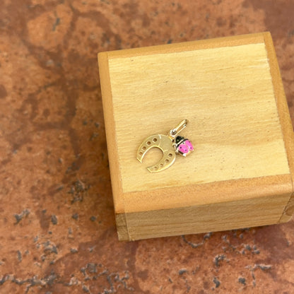 14KT Yellow Gold Horseshoe + Pink Ladybug Pendant Charm