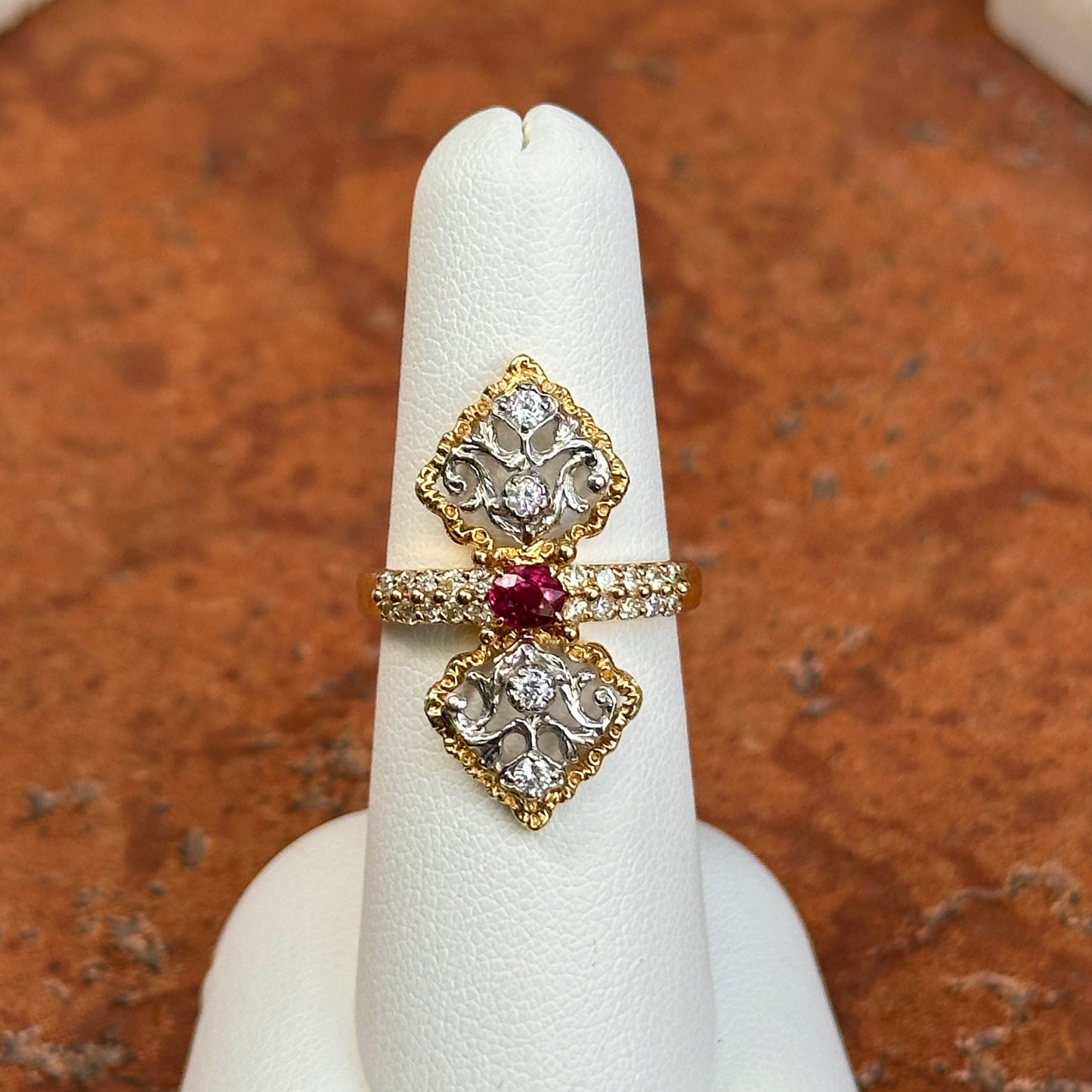 Estate 18KT Yellow Gold Diamond + Ruby Art Deco Ring