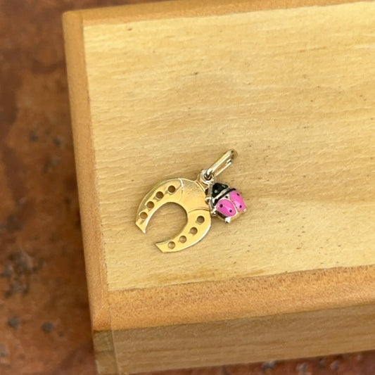 14KT Yellow Gold Horseshoe + Pink Ladybug Pendant Charm