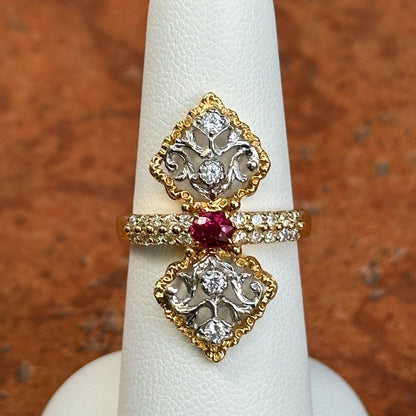 Estate 18KT Yellow Gold Diamond + Ruby Art Deco Ring