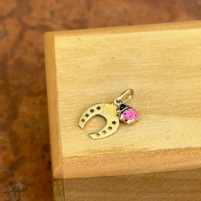 14KT Yellow Gold Horseshoe + Pink Ladybug Pendant Charm