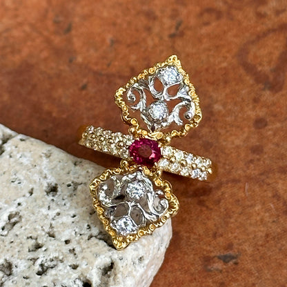 Estate 18KT Yellow Gold Diamond + Ruby Art Deco Ring