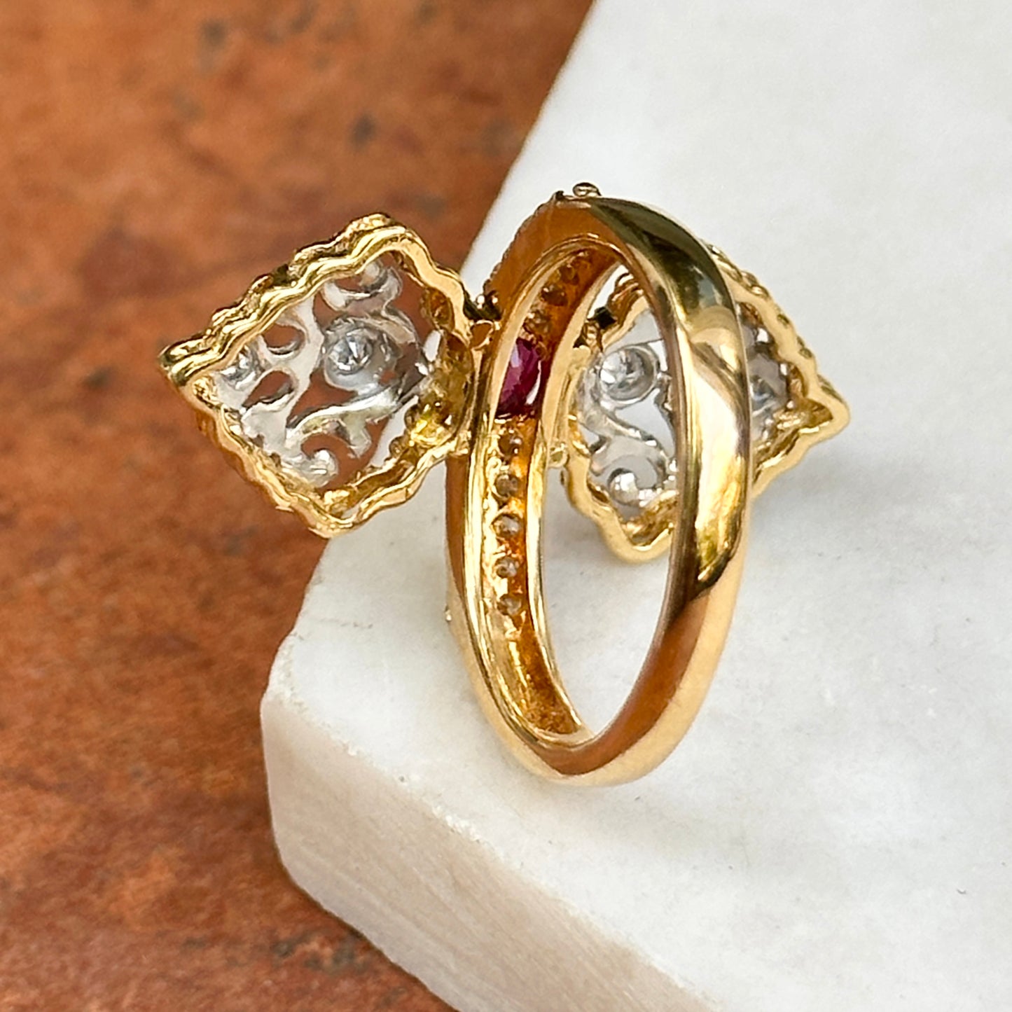 Estate 18KT Yellow Gold Diamond + Ruby Art Deco Ring