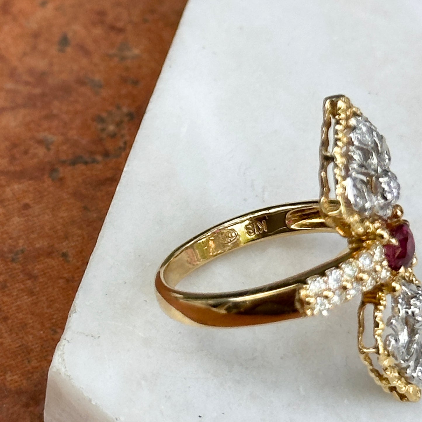 Estate 18KT Yellow Gold Diamond + Ruby Art Deco Ring