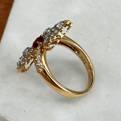 Estate 18KT Yellow Gold Diamond + Ruby Art Deco Ring